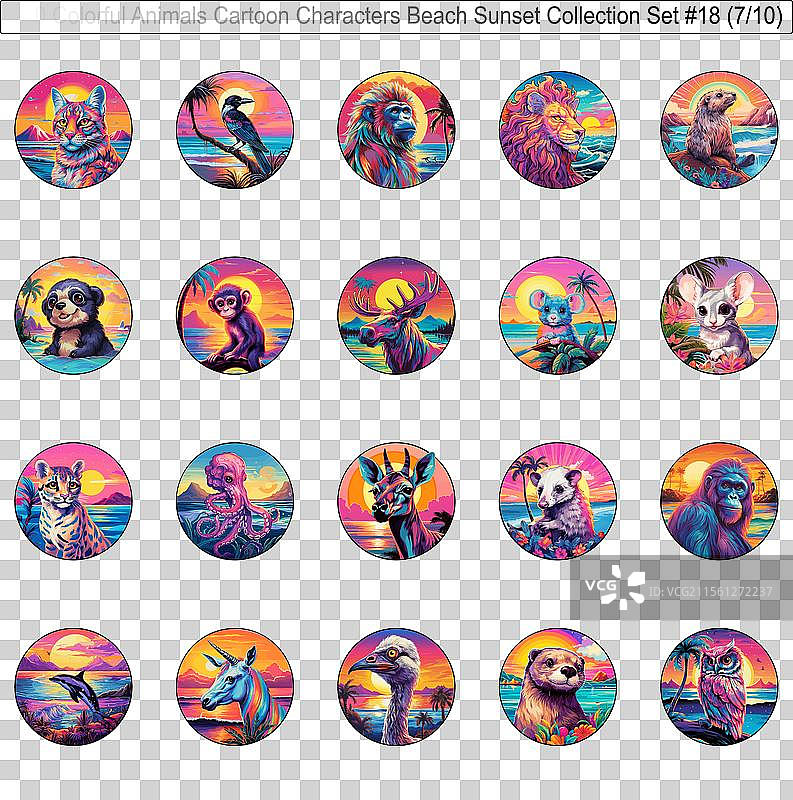 200个色彩斑斓的动物卡通角色在海滩上图片素材