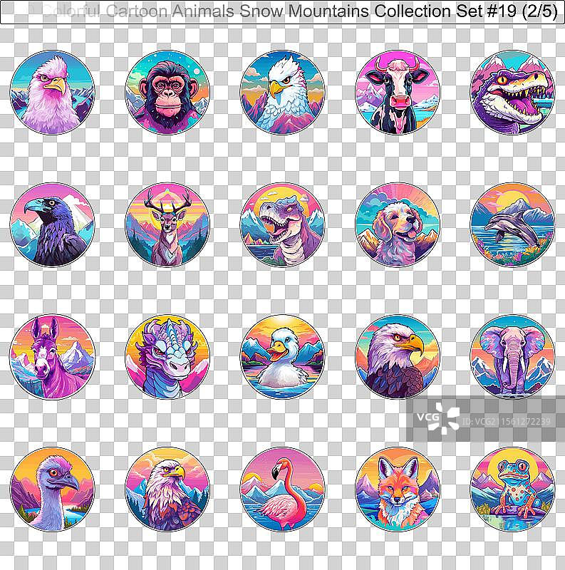 100只色彩斑斓的卡通动物在雪山上图片素材