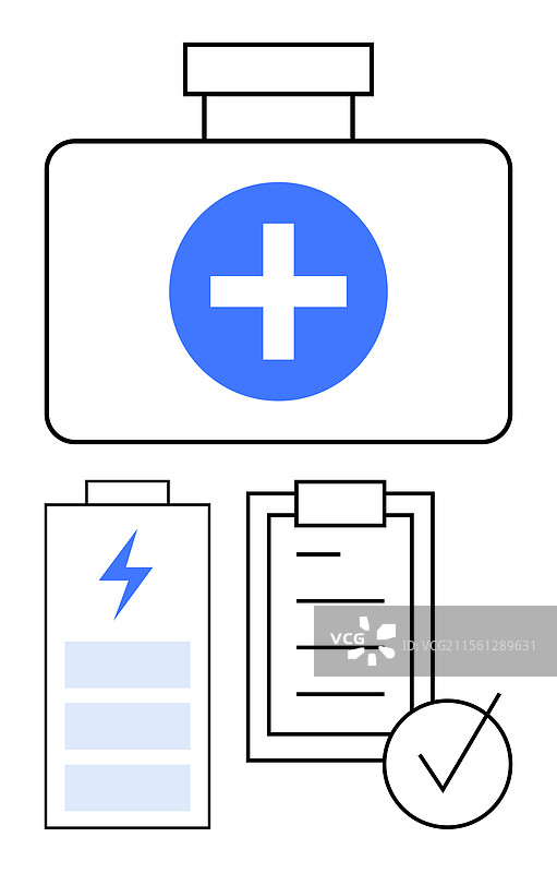 带有健康检查清单和电池图标的医疗包图片素材