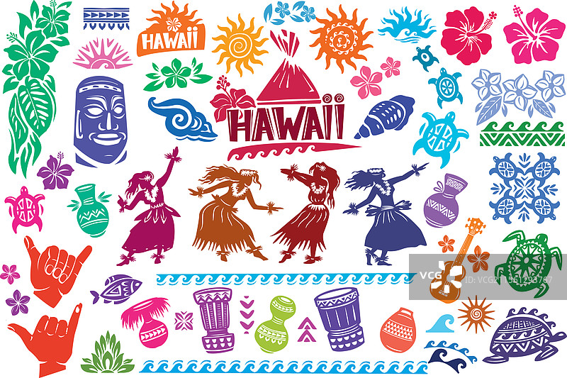 传统夏威夷符号与多彩元素图片素材