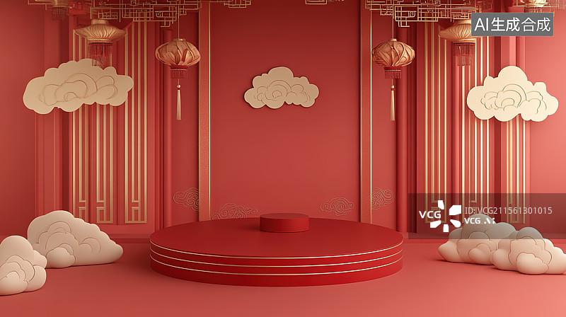 【AI数字艺术】中国风红金配色电商产品展台图片素材