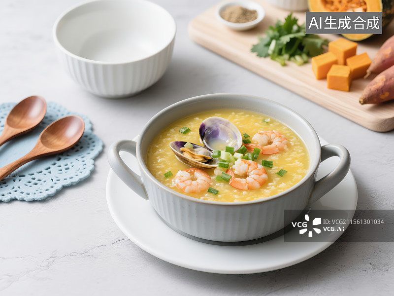【AI数字艺术】精致海鲜粥与食材的美味展示图片素材