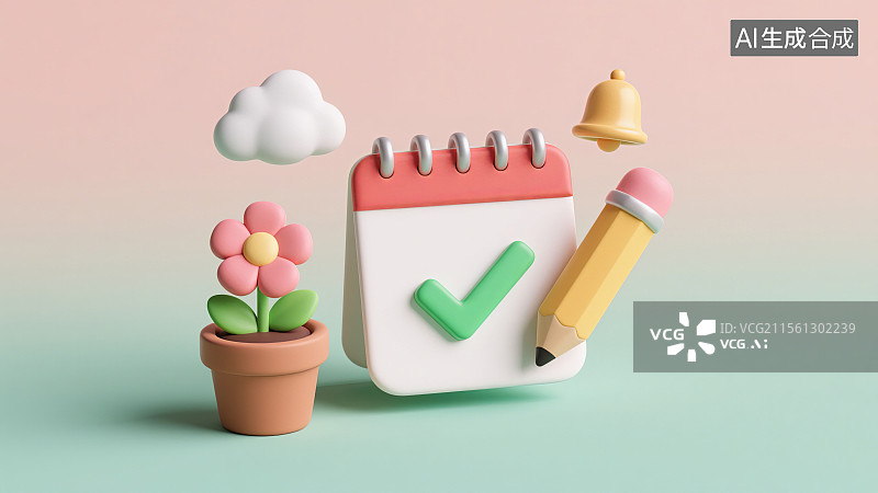 【AI数字艺术】3D卡通计划日历与春季元素图标图片素材