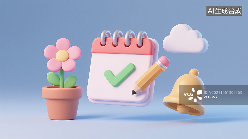 【AI数字艺术】3D卡通计划日历与春季元素图标图片素材