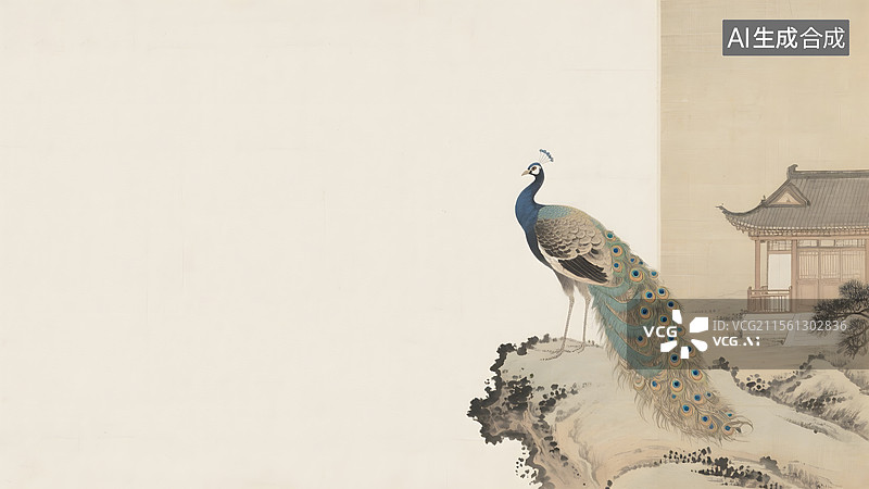 【AI数字艺术】水墨画国风孔雀居右图片素材