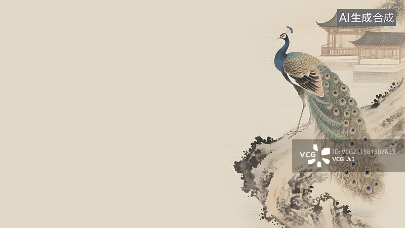 【AI数字艺术】水墨画国风孔雀居右图片素材