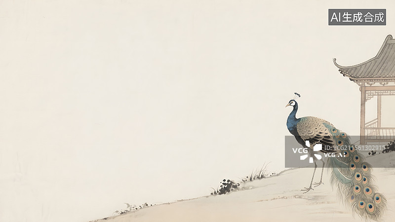 【AI数字艺术】水墨画国风孔雀右下图片素材