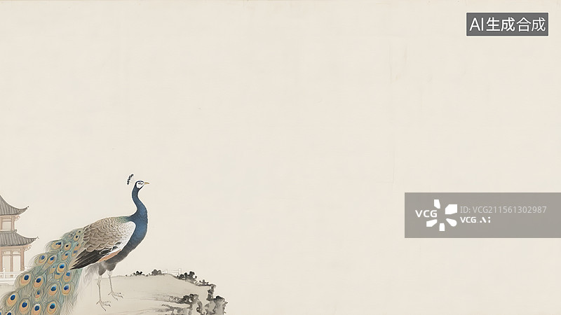 【AI数字艺术】水墨画国风孔雀左下图片素材