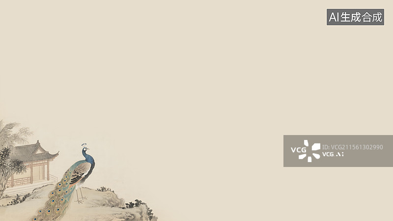 【AI数字艺术】水墨画国风孔雀左下图片素材