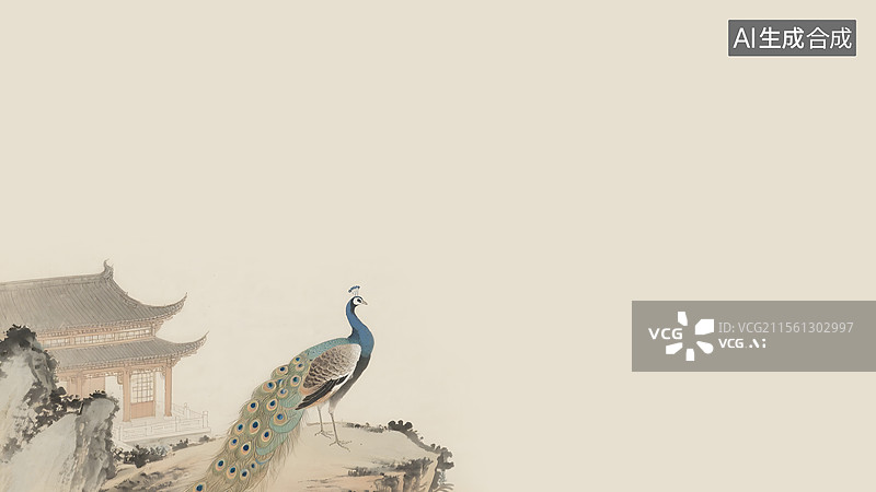 【AI数字艺术】水墨画国风孔雀左下图片素材