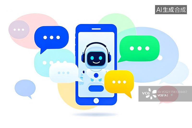 【AI数字艺术】移动智能手机里的机器人助手，聊天对话沟通咨询图片素材