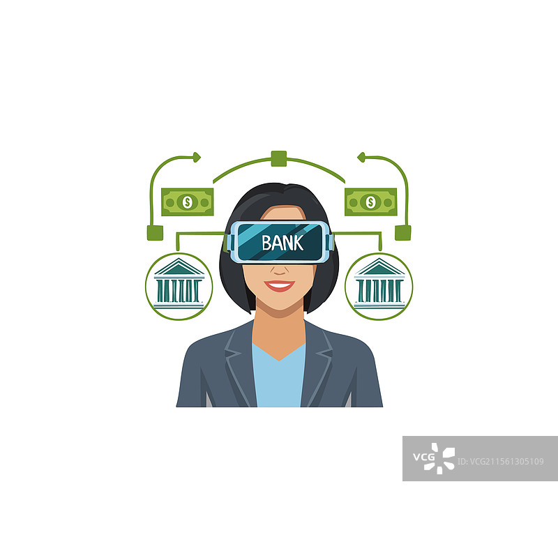 戴着虚拟现实头盔的人与数字银行图片素材