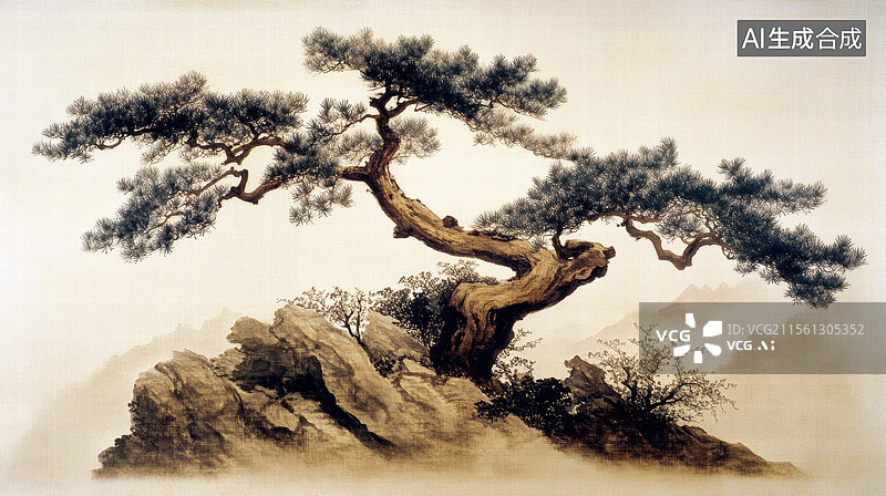 【AI数字艺术】悬崖孤松图图片素材