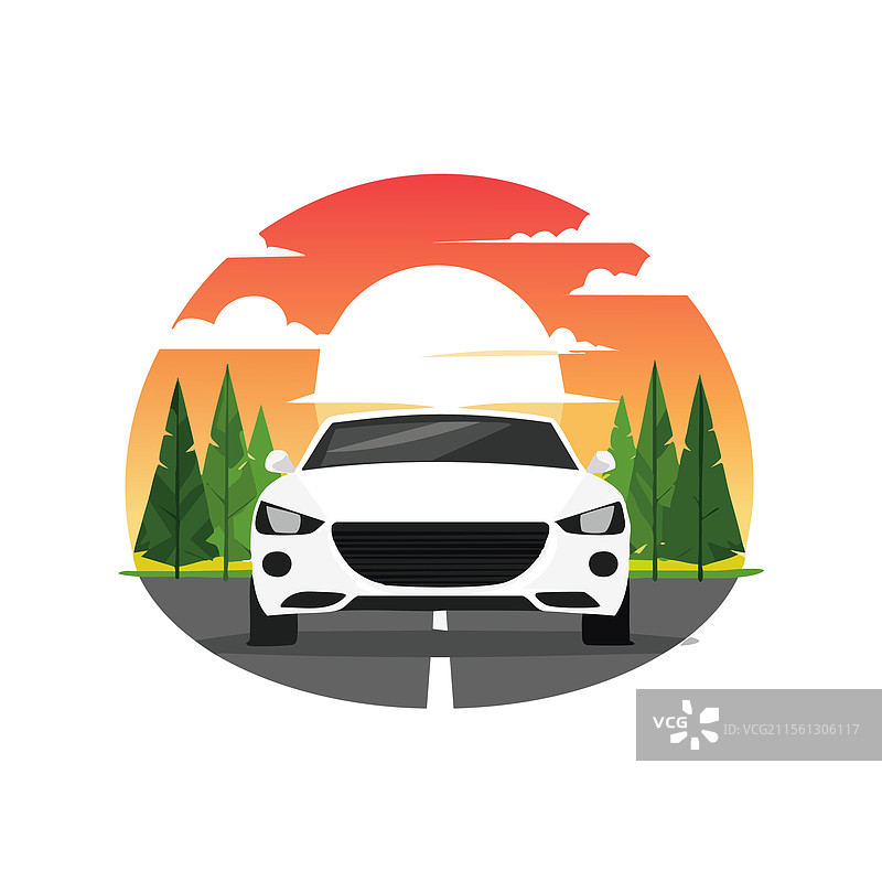 黑白色的汽车驶过日落景色图片素材