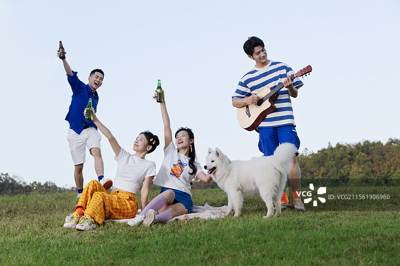 坐在草坪上喝啤酒弹吉他的四个年轻人图片素材
