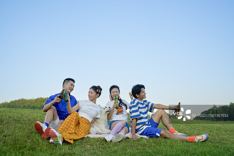 坐在草坪上高举酒瓶的四个年轻人图片素材