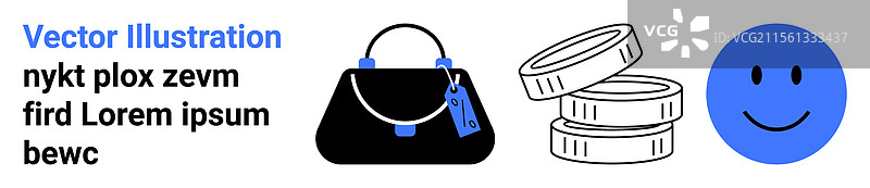 黑色手提包配蓝色装饰，叠放的硬币和图片素材