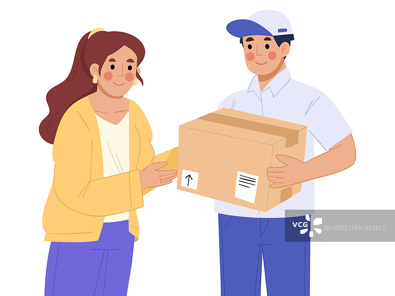 女人从快递员那里接收包裹图片素材