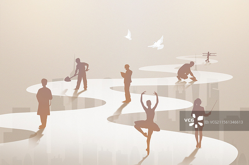 弥散风51劳动节插画 致敬劳动者 各行各业的劳动人民工作在各自的领域发光 横版图片素材