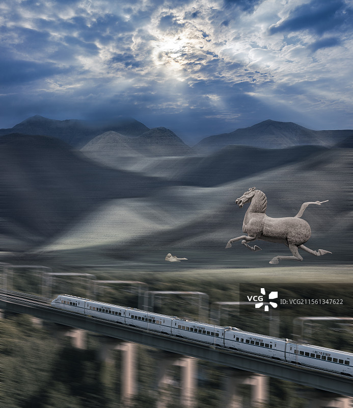 甘肃祁连山脚下的自然风光与高铁图片素材