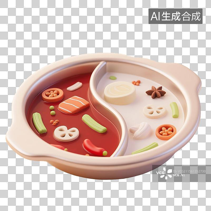 【AI数字艺术】3D渲染，卡通火锅，鸳鸯锅，鸳鸯火锅，川味火锅，重庆火锅，中国传统美食免抠元素图片素材