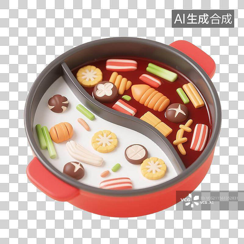【AI数字艺术】3D渲染，卡通火锅，鸳鸯锅，鸳鸯火锅，川味火锅，重庆火锅，中国传统美食免抠元素图片素材