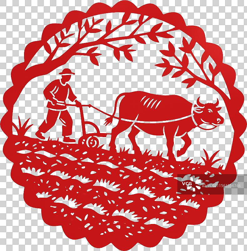 二十四节气非遗剪纸立春耕牛图片素材