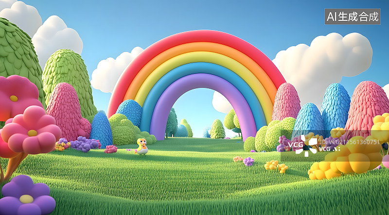 【AI数字艺术】儿童插图3D梦幻乐园,一幅充满活力的数字插画，展现了一道彩虹拱桥横跨在一片茂盛的草地上图片素材