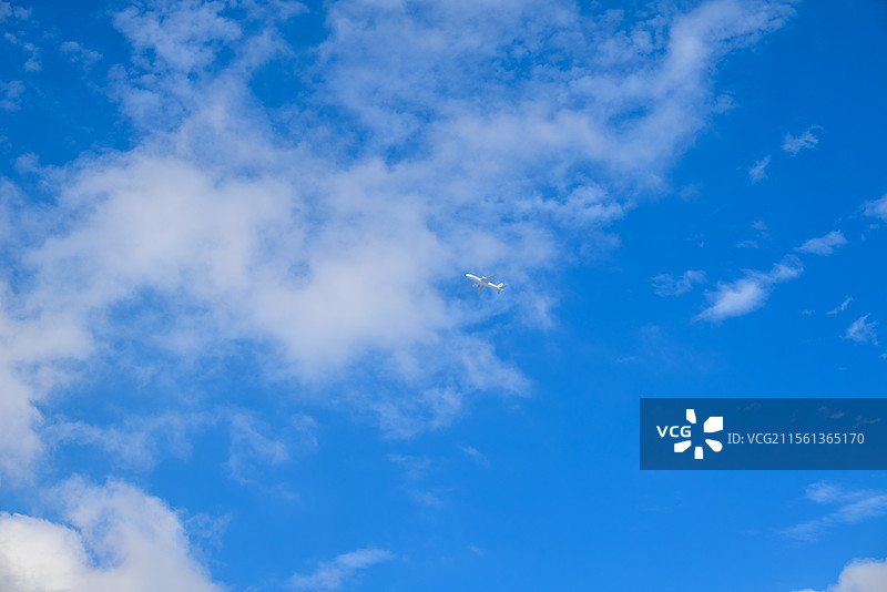 晴朗春日的蓝天白云下飞机穿云而过的地角度视图图片素材