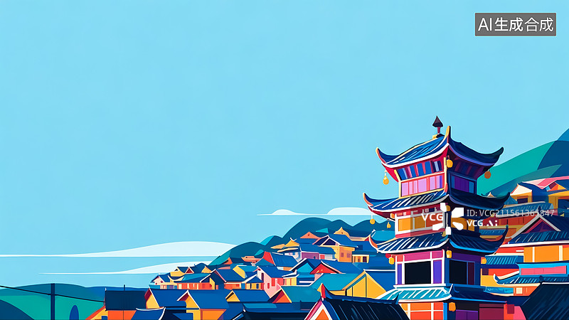 【AI数字艺术】中式山寨建筑插画图片素材