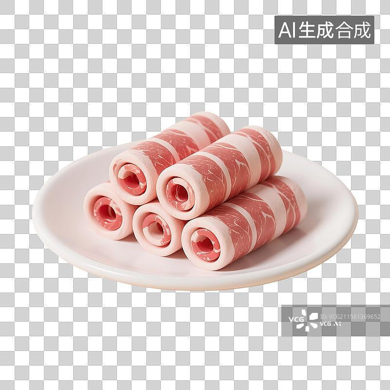 【AI数字艺术】3D渲染，一盘新鲜的火锅食材，肥牛，肥羊，中餐美食肥牛卷，免抠元素图片素材