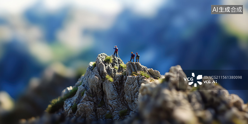 【AI数字艺术】山巅探险者微缩模型风格户外探险海报插画图片素材