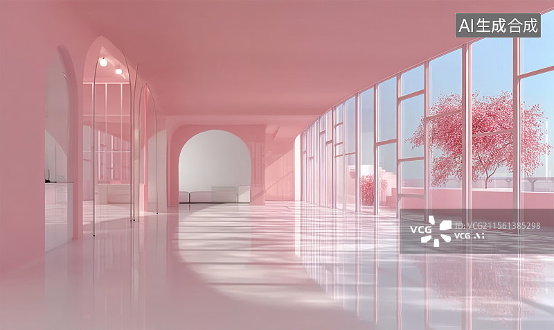 【AI数字艺术】粉色梦幻建筑空间客厅室内装修图片素材