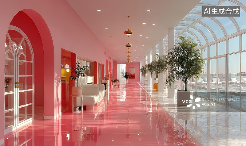 【AI数字艺术】粉色梦幻建筑空间客厅室内装修图片素材
