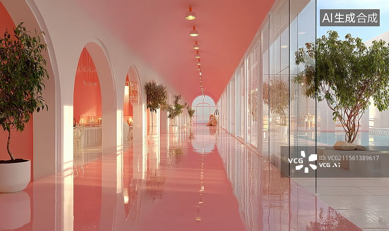 【AI数字艺术】粉色梦幻建筑空间客厅室内装修图片素材