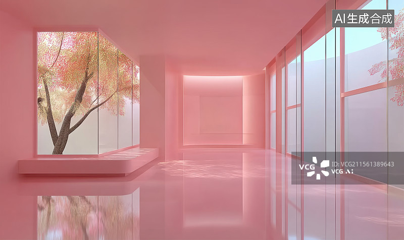 【AI数字艺术】粉色梦幻建筑空间客厅室内装修图片素材