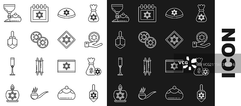 犹太教的哈努卡陀螺与钱袋的线条图案图片素材