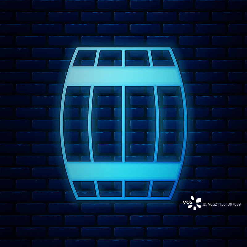 发光的霓虹木桶图标，孤立在砖墙上图片素材