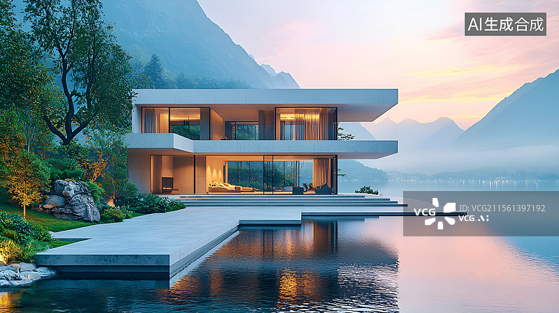 【AI数字艺术】水岸现代别墅建筑汽车展台平台图片素材