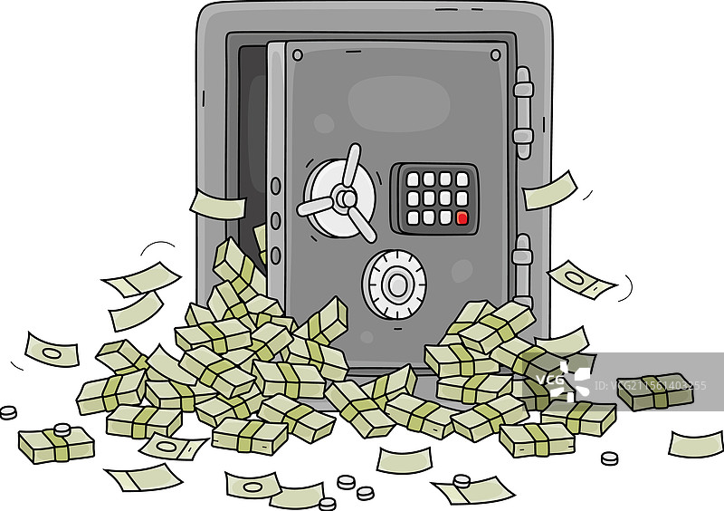 一包包钞票从保险箱里掉出来图片素材