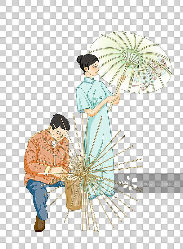 制作油纸伞的师傅与撑伞的旗袍女孩图片素材