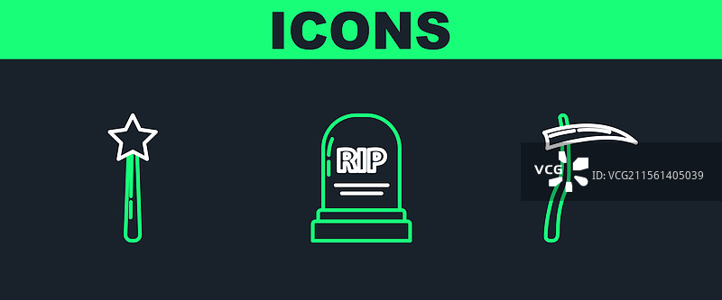 镰刀、魔法棒和带有“安息”字样的墓碑排列在一起图片素材