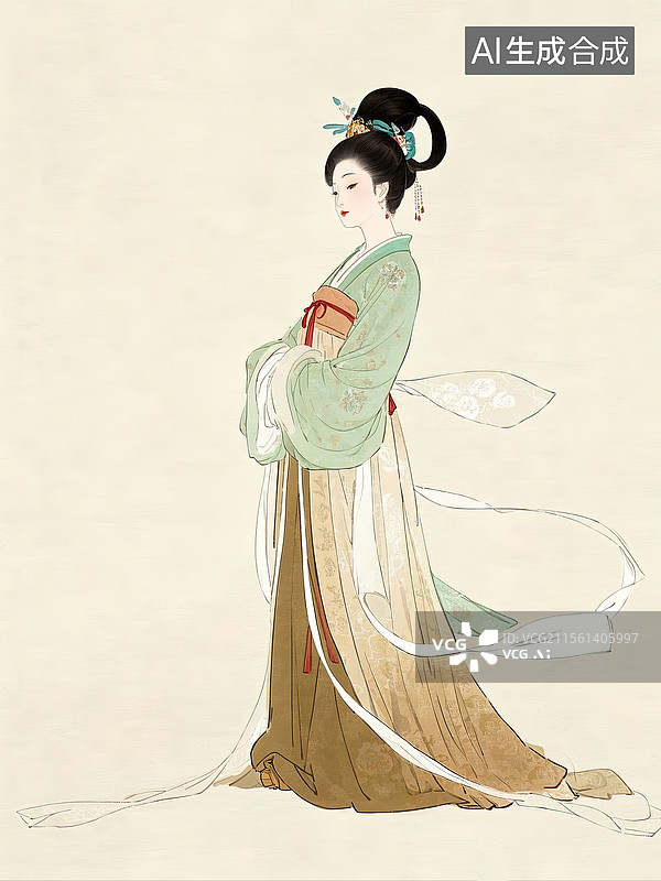 【AI数字艺术】米色背景唐代女性绘画图片素材