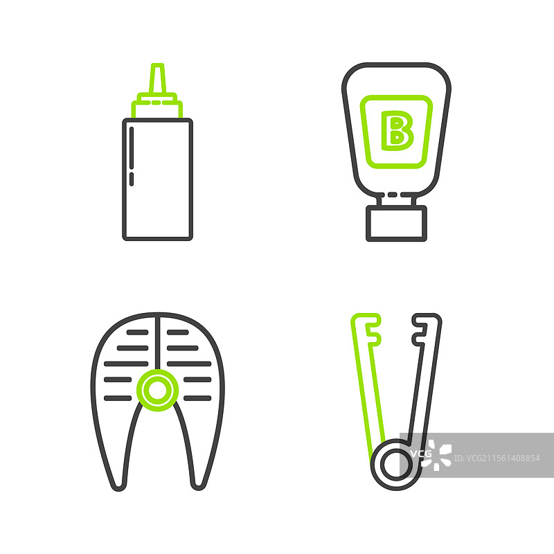 肉夹、鱼、牛排、调味酱瓶和夹子图片素材