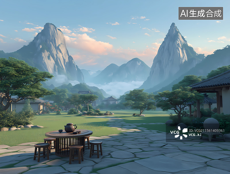 【AI数字艺术】3D卡通中式庭院图片素材