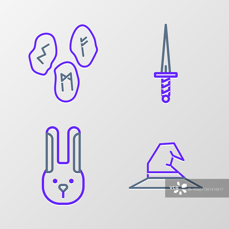 带耳朵的兔子、匕首和巫师帽的线条图图片素材