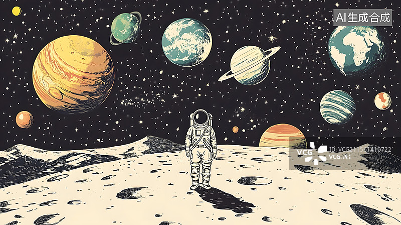 【AI数字艺术】宇航员登月卡通太空插画图片素材