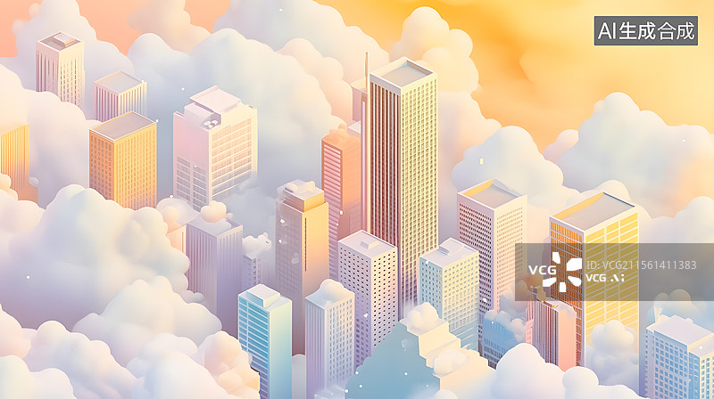 【AI数字艺术】漂浮云朵卡通城市景观 淡蓝色 浅黄色图片素材
