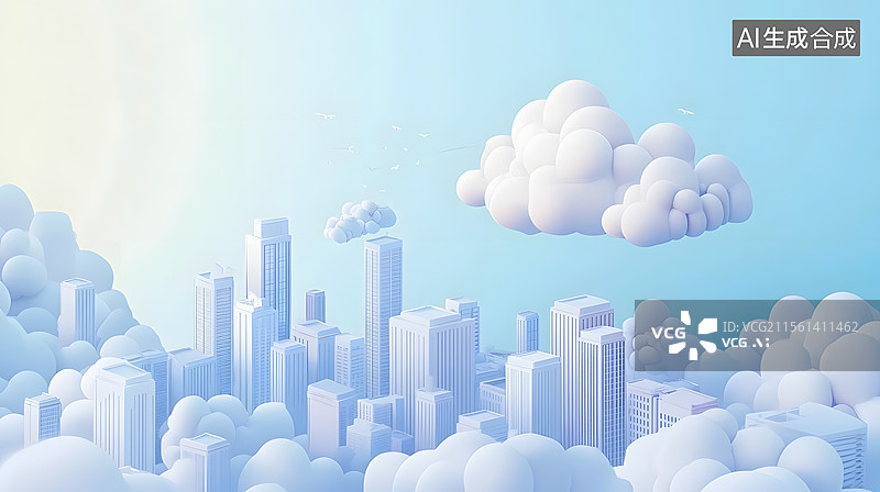 【AI数字艺术】漂浮云朵卡通城市景观 淡蓝色 浅黄色图片素材