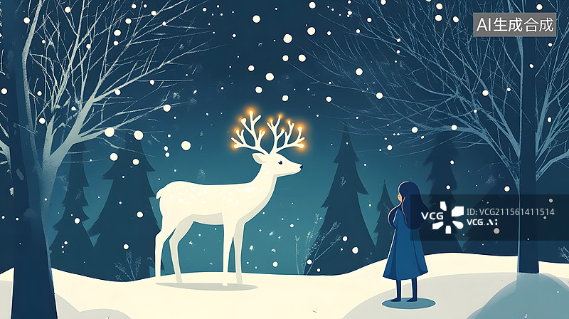 【AI数字艺术】雪夜中的发光白鹿与小女孩图片素材